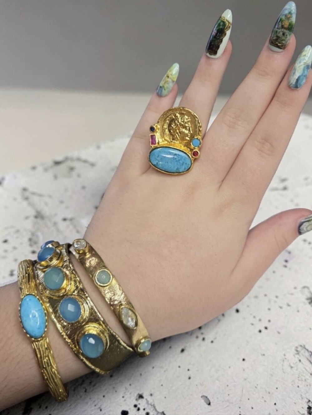 Exquisite 18k Gold Plated Artisan Ancient Coin Turquoise Crystal Statement Ring